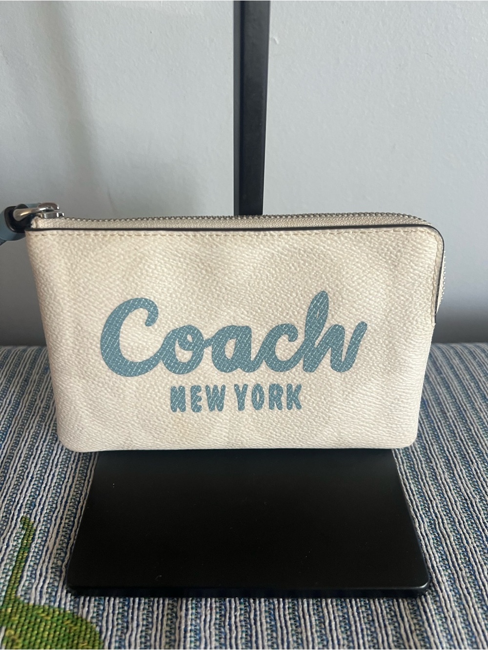 Coach New York Cream Wristlet with Blue Logo 2024